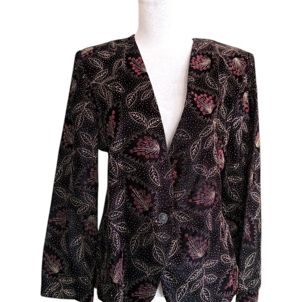 VTG Velvet Norton McNaughton Petites 10 Blazer Gold Metallic 90s Floral Button‎